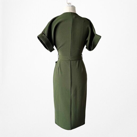 Green Short Sleeve VNeck Belted Waist Knee Length Side Slit Dress Size 0/XS - Picture 5 of 7